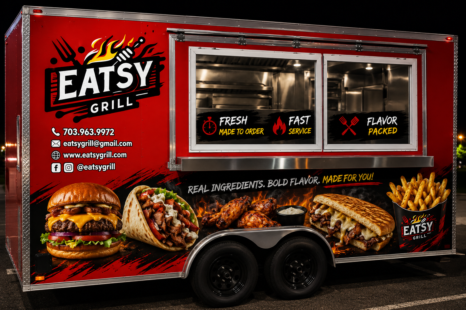 Eatsy Grill red food trailer side view with full wrap