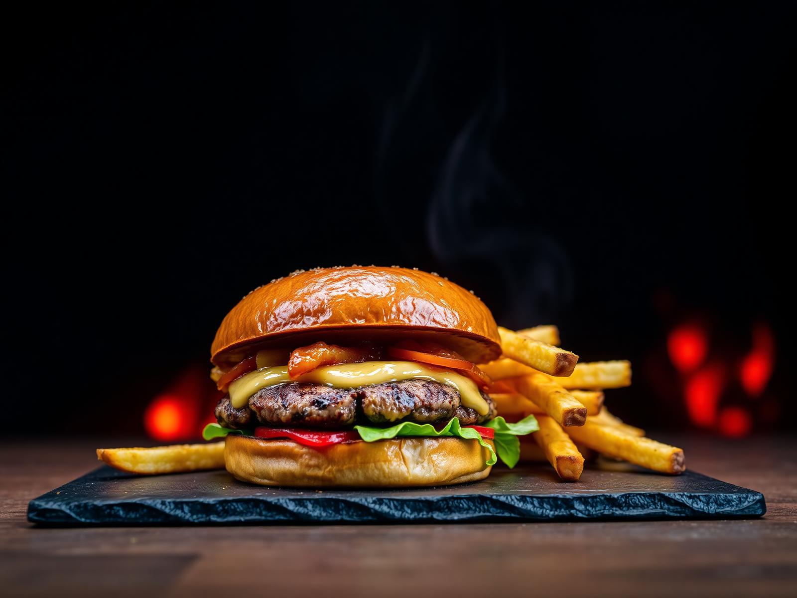 Flame-grilled smash burger with fries