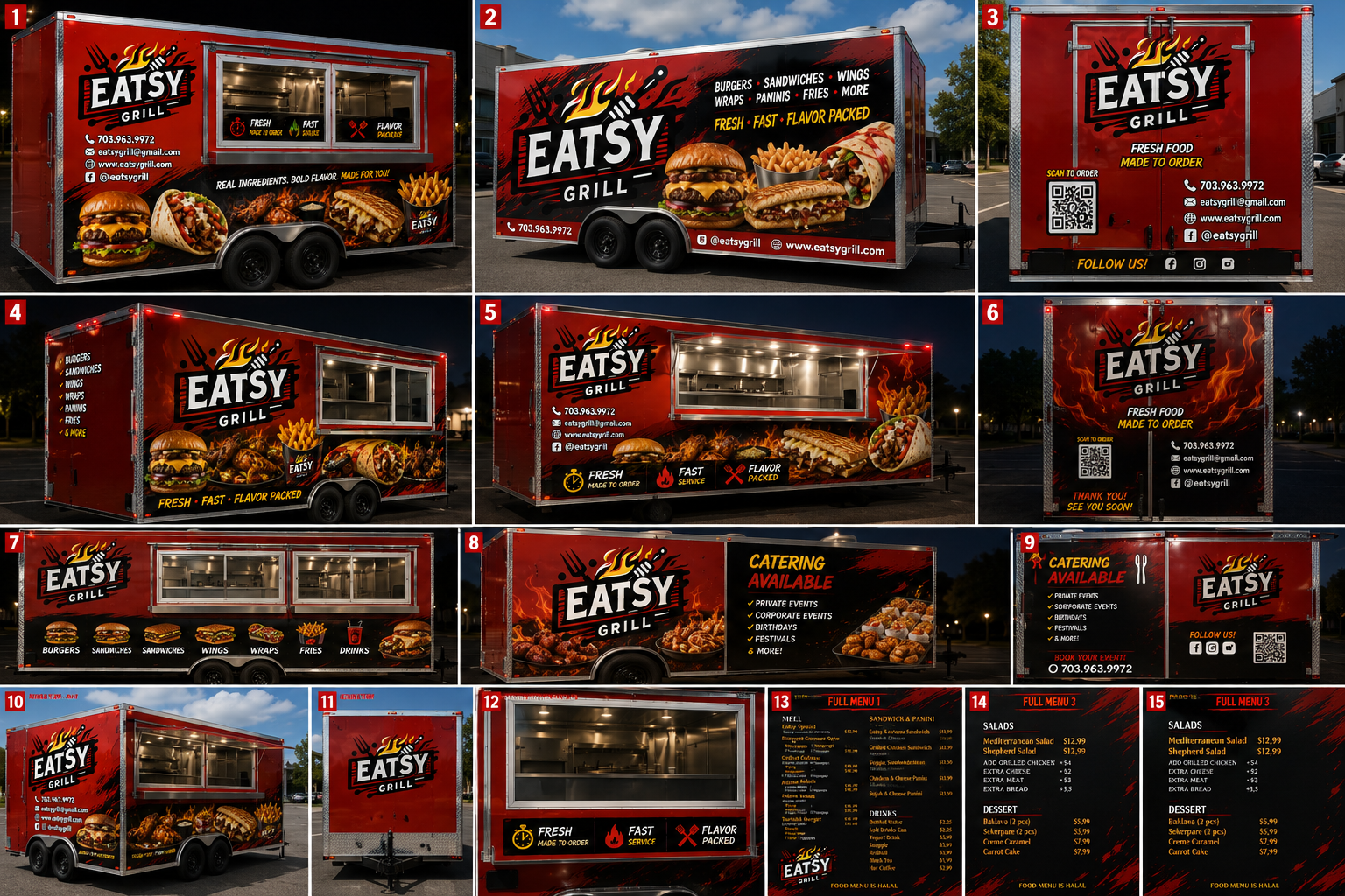 Eatsy Grill gallery board showing multiple food trailer wrap views